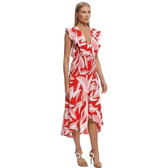 Suboo Luxe resort label Shirred Maxi Summer Dress Red Leaf size 6 - Picture 1 of 9
